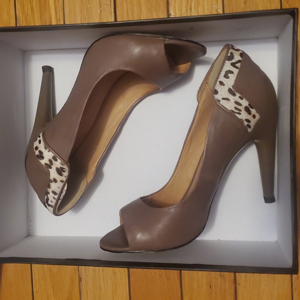 L.a.m.b Stylish Brown Peep-Toe Heels with Animal Print Accent